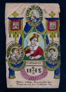 ST. ELISABETH (S. Elisabetta) Incisione su rame con applicazioni in foglia d'oro. Praga, inizi XIX secolo.